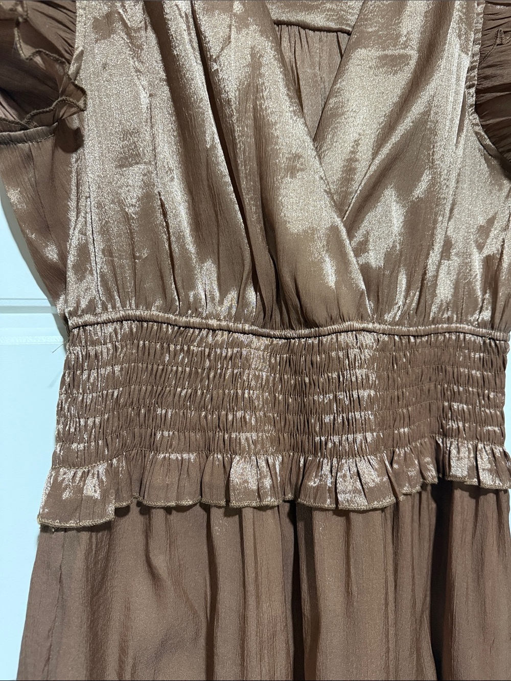 Pinch L SATIN TIERED MAXI DRESS mocha brown sateen large sheen smocked - Picture 8 of 8
